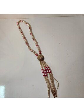 Vintage Western Bolo Tie Necklace Gold Cord Pink Red Beads Brass Medallion